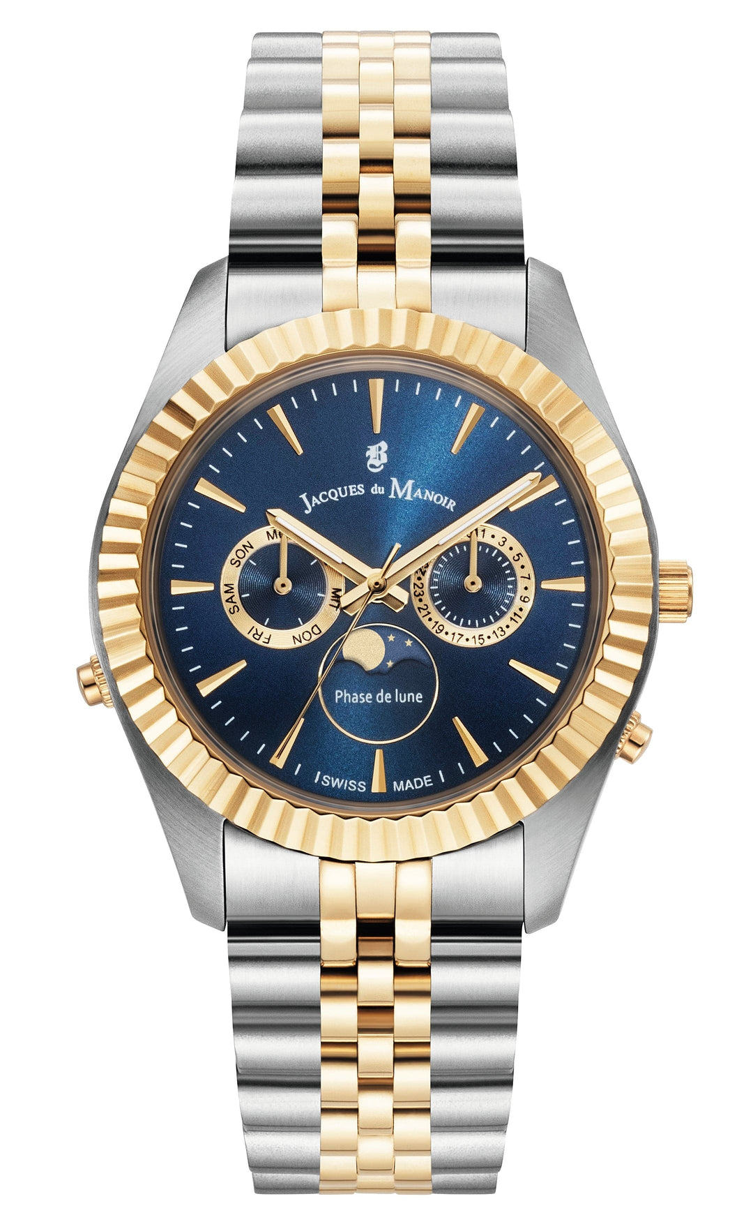 Jacques du Manoir Watch Jacques du Manoir Inspiration Moonphase 40mm Day-Date Two Tone Blue Luxury Watch Brand